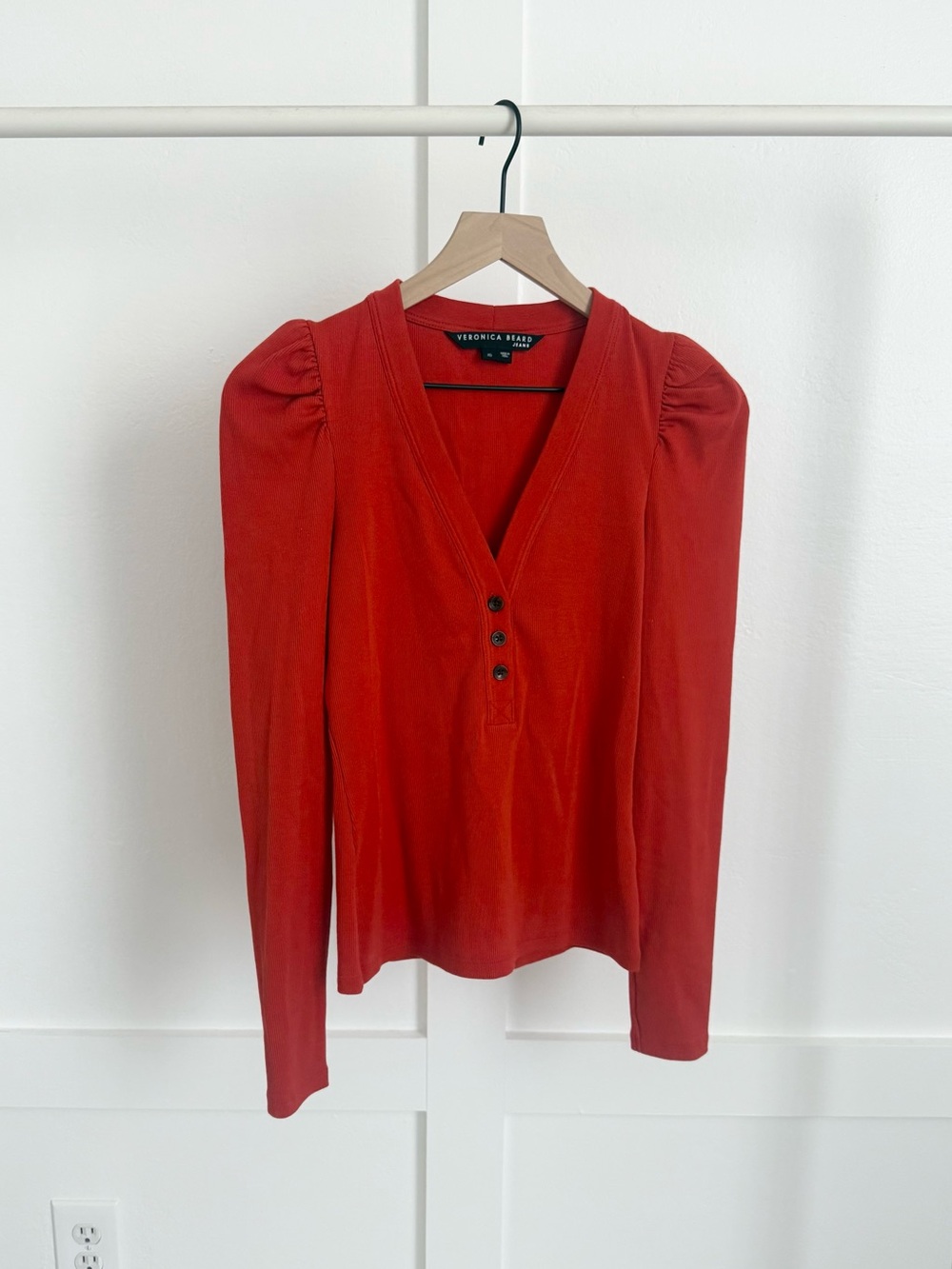 Veronica Beard Dekalb Long Puff Sleeve Top Flame Red